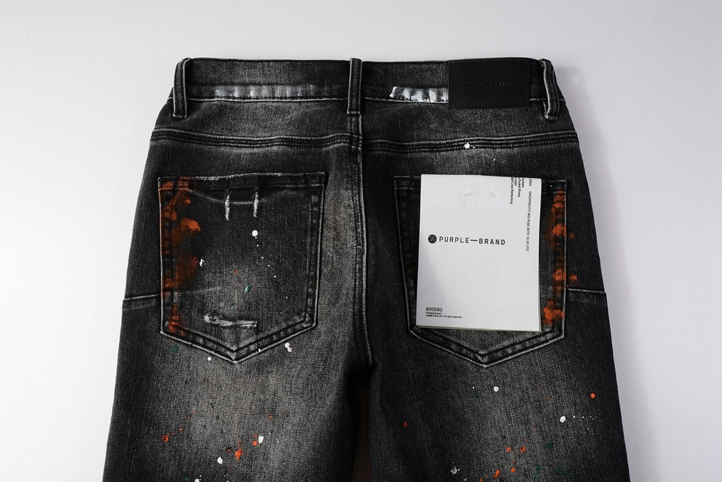 Men's High Street Distressed Black Gray Damaged Holes Spray Paint Stretch Slim Fit Ripped Jeans