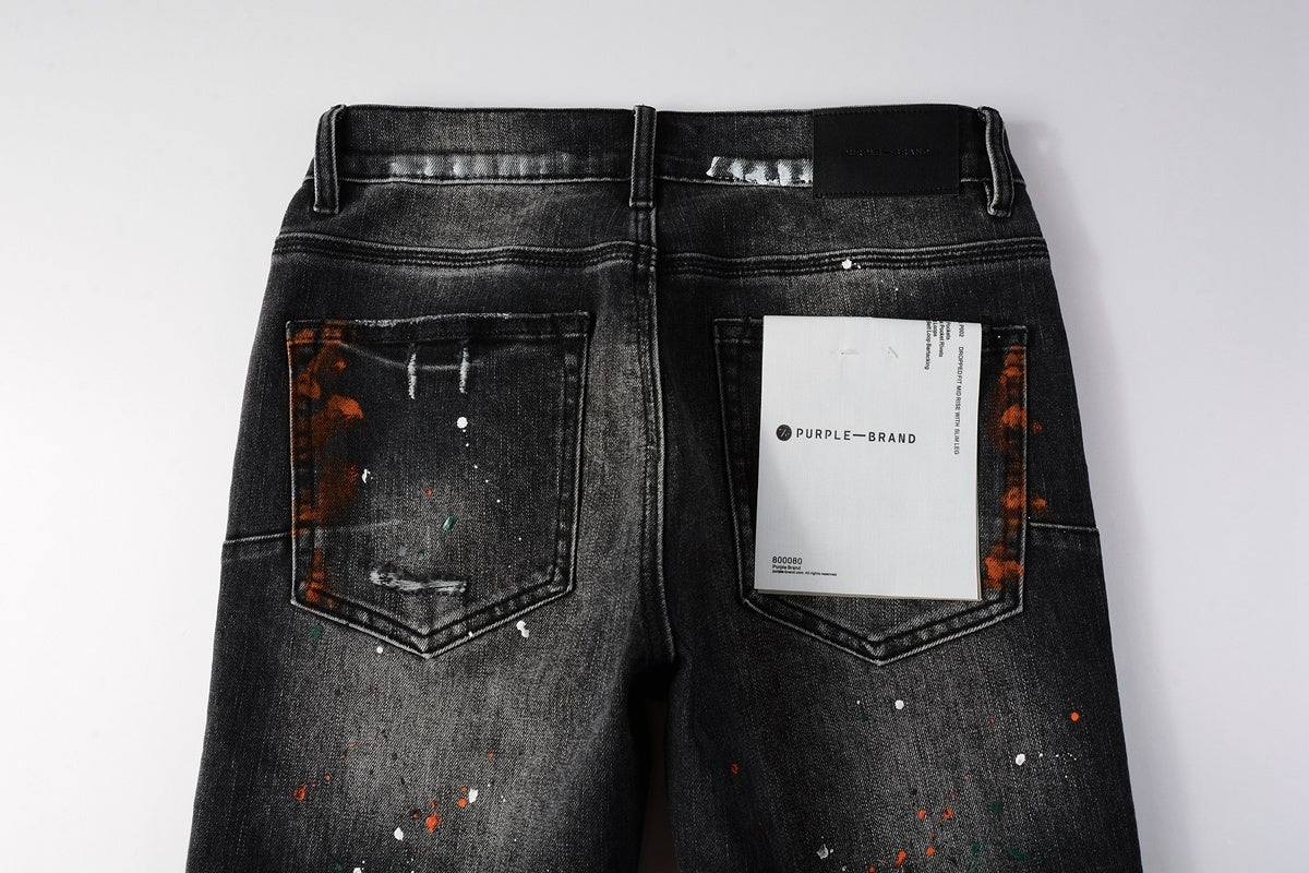 Men's High Street Distressed Black Gray Damaged Holes Spray Paint Stretch Slim Fit Ripped Jeans