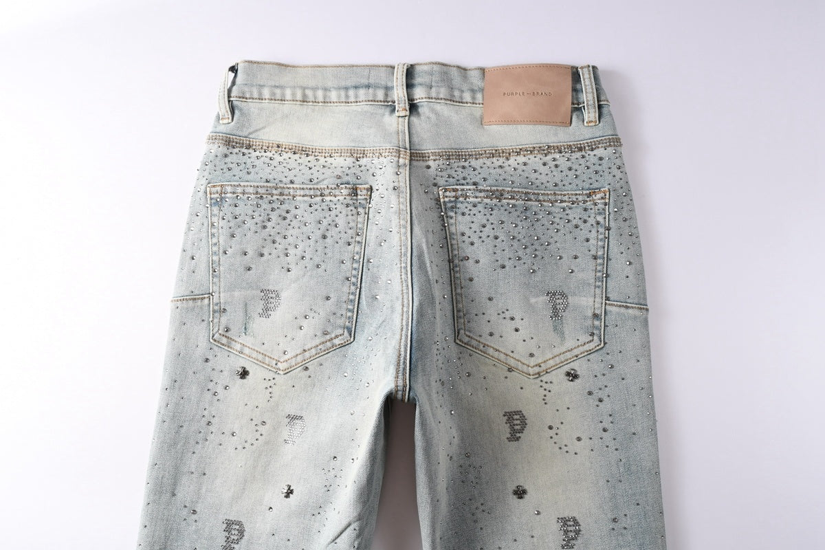 Purple Brand Men's Distressed Skinny Jeans with Cross Rhinestones, Ripped Holes & Button Fly