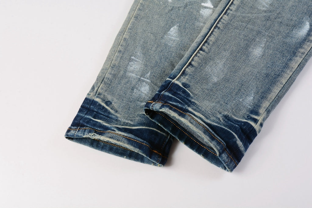 Men's Streetwear Slim Fit Distressed Blue Damaged Holes Graffiti Stretch Ripped Jeans